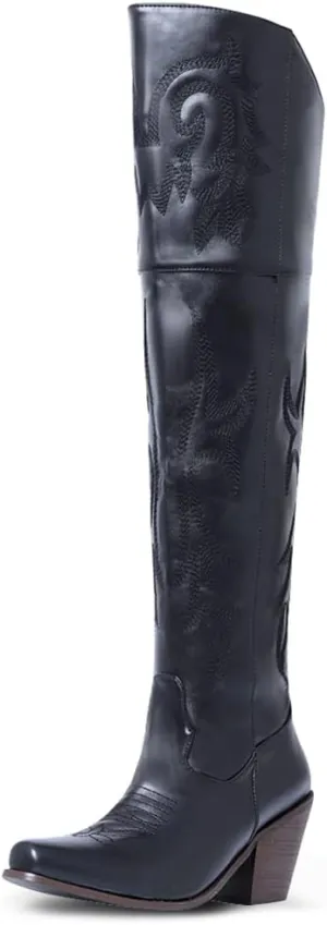 femflame Women's Cowgirl Boots Square Toe Western Knee High Cowboy Boots Vintage Cork Heel Embroidery Over the High Boots