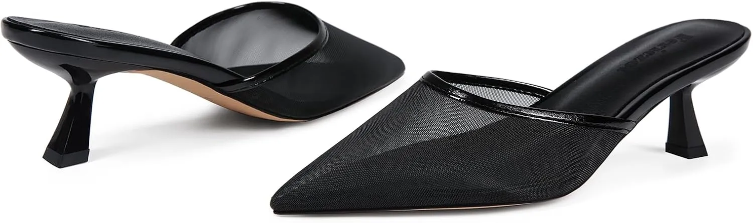 Fericzot Women Mesh Kitten Heel Mules-Slip on Backless Slides Pointed Closed Toe Low Stiletto Heels Wedding Party Daily Dress Shoes