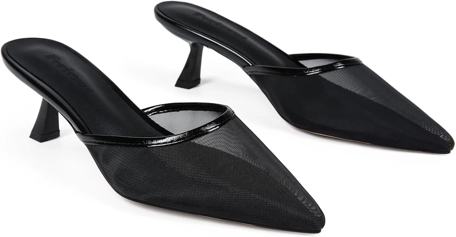 Fericzot Women Mesh Kitten Heel Mules-Slip on Backless Slides Pointed Closed Toe Low Stiletto Heels Wedding Party Daily Dress Shoes