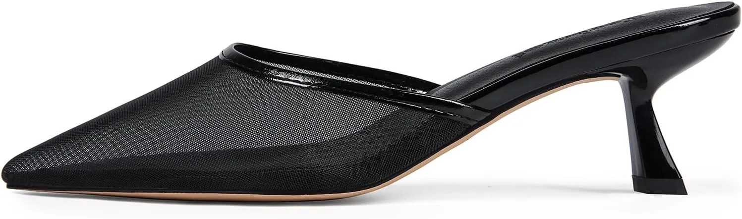 Fericzot Women Mesh Kitten Heel Mules-Slip on Backless Slides Pointed Closed Toe Low Stiletto Heels Wedding Party Daily Dress Shoes