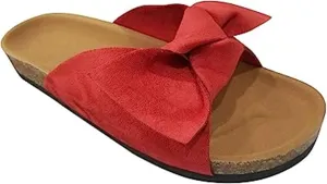 FFMA Sandals for Women Wide Width Slide Sandals Ladies Dressy Summer Casual Cute Bow Tie Knot On Top Strap Comfy Slip On Cork Foot Bed