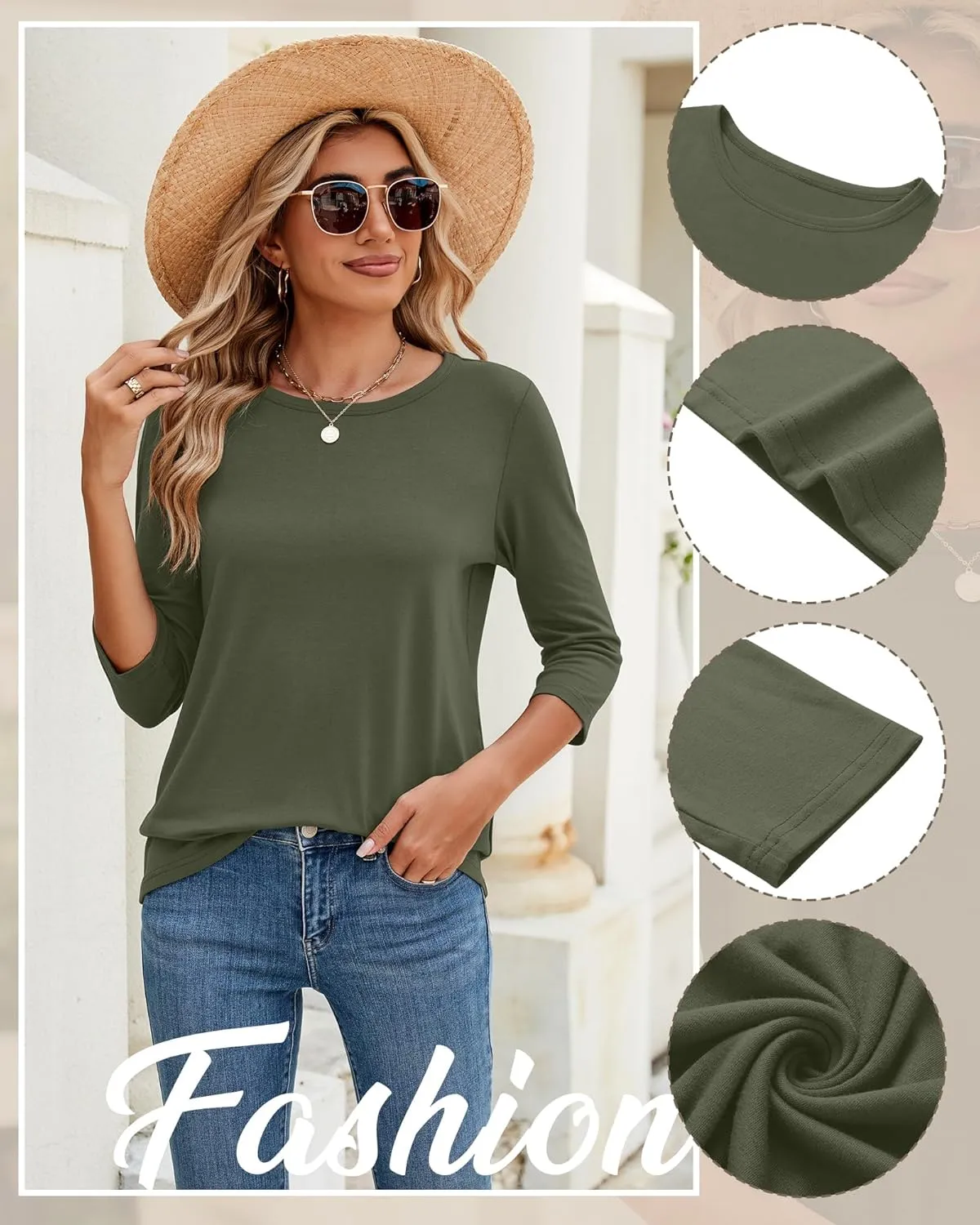 Ficerd 3 Pack 3/4 Sleeve Tops for Women Round Neck Dressy Basics Tees Casual Trendy Loose Fit T Shirts