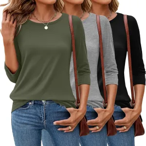 Ficerd 3 Pack 3/4 Sleeve Tops for Women Round Neck Dressy Basics Tees Casual Trendy Loose Fit T Shirts