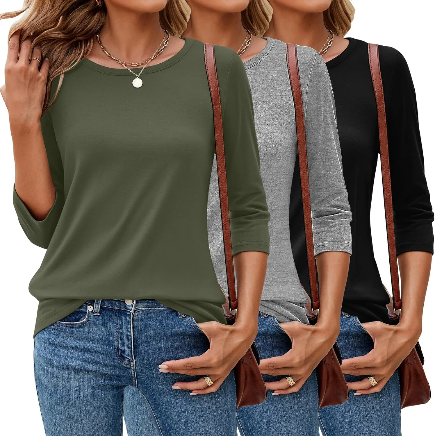 Ficerd 3 Pack 3/4 Sleeve Tops for Women Round Neck Dressy Basics Tees Casual Trendy Loose Fit T Shirts