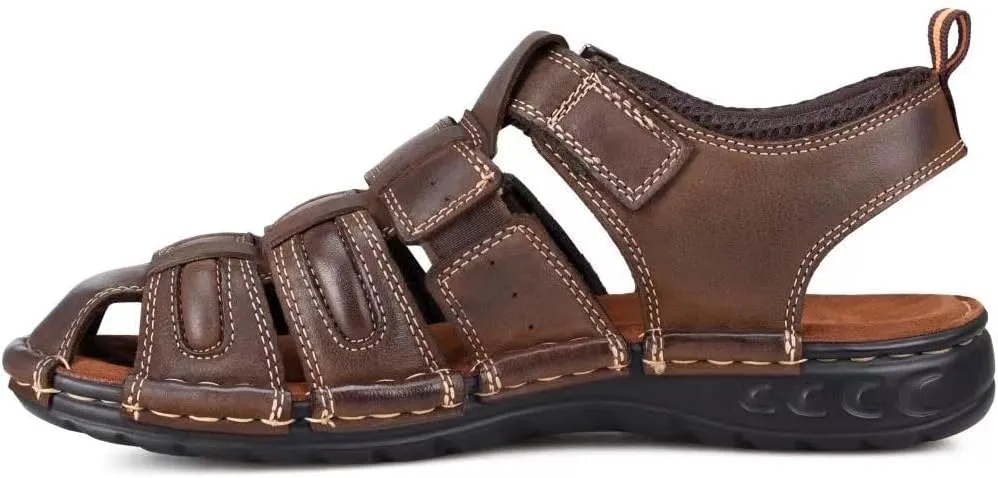 FIEEIF Men's Sport Sandals Closed Toe Leather Fisherman Outdoor Arch Support Sandalias Non-Slip Sport Athletic Walking Traveling Shoes