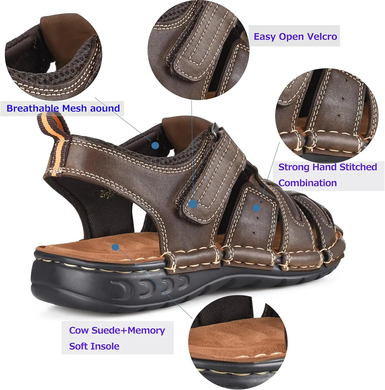 FIEEIF Men's Sport Sandals Closed Toe Leather Fisherman Outdoor Arch Support Sandalias Non-Slip Sport Athletic Walking Traveling Shoes