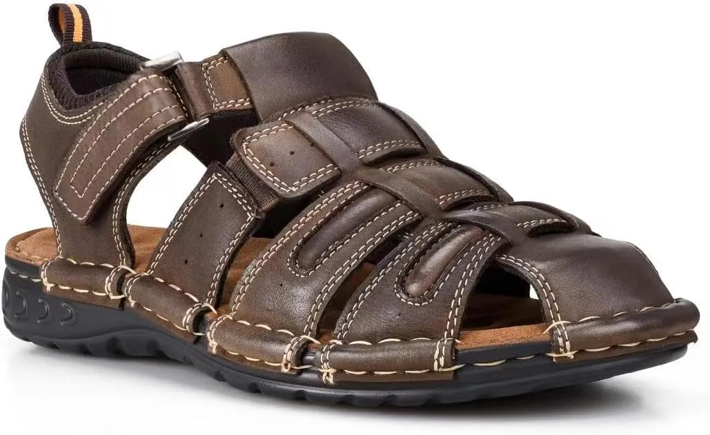 FIEEIF Men's Sport Sandals Closed Toe Leather Fisherman Outdoor Arch Support Sandalias Non-Slip Sport Athletic Walking Traveling Shoes