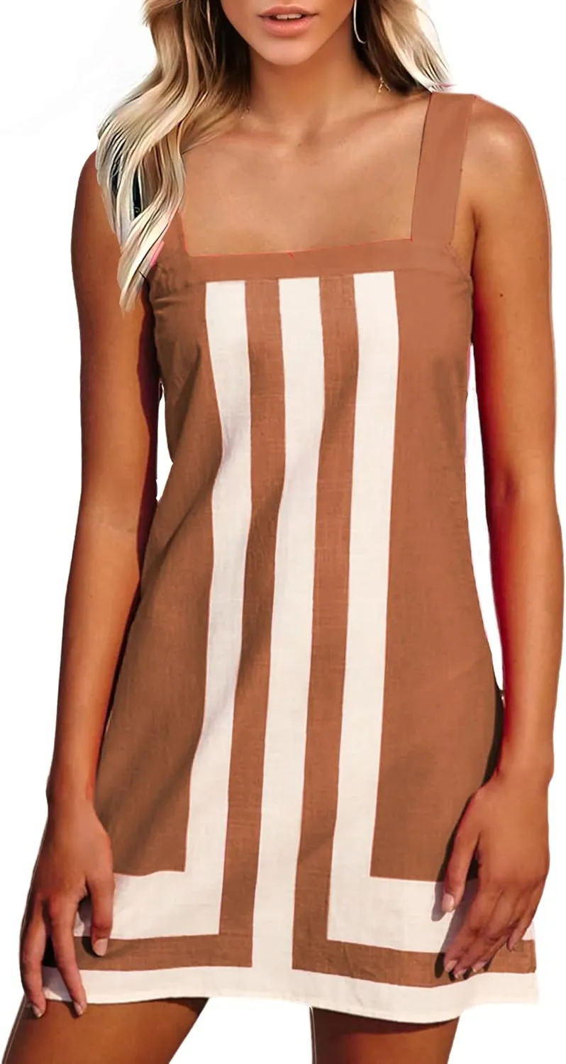 Fiona Jolin Women's Striped Mini Dress Boho Shoulder Strap Sundress Summer Cover Up Dress for Beach