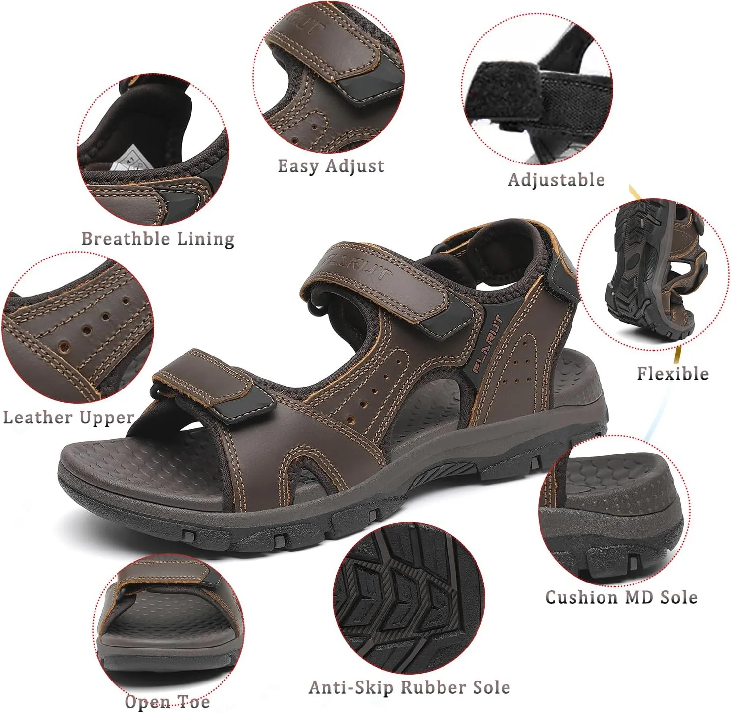 FLARUT Men's Athletic Sandals Sport Outdoor Hiking Sandals Open Toe Leather Walking Sandals Beach Water Shoes