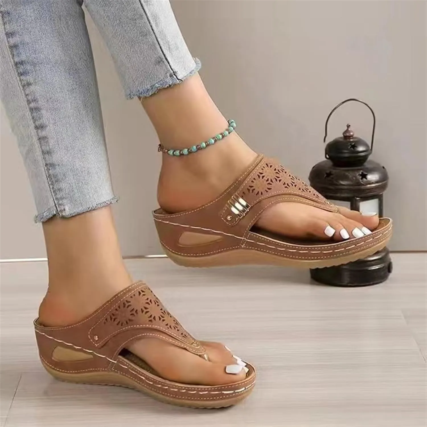 Flip Flops for Women Anti-Slip Platforms Orthotic Wedge Sandal Casual Mesh Hollow Out Sandals Flatform Open Toe Beach Sandals with Arch Support Mat Comfortable Summer Walking Slippers