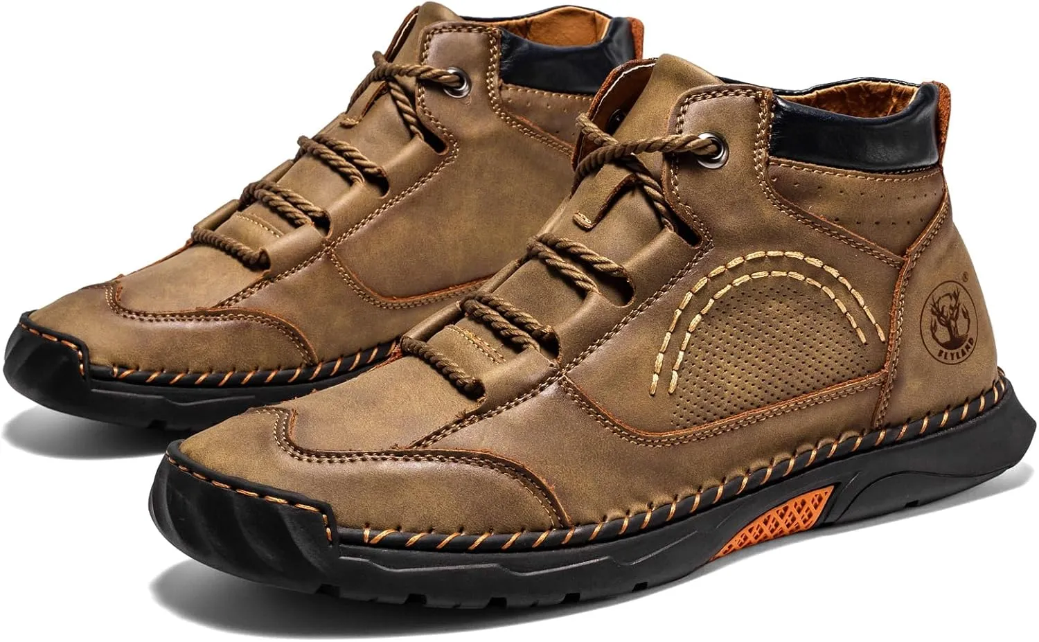 FLYLAND Men's Casual Leather Shoes Ankle Chukka Boots Fashion Sneakers Handmade Lightweight Loafers Mid Top Dress Boots Walking Driving Shoes