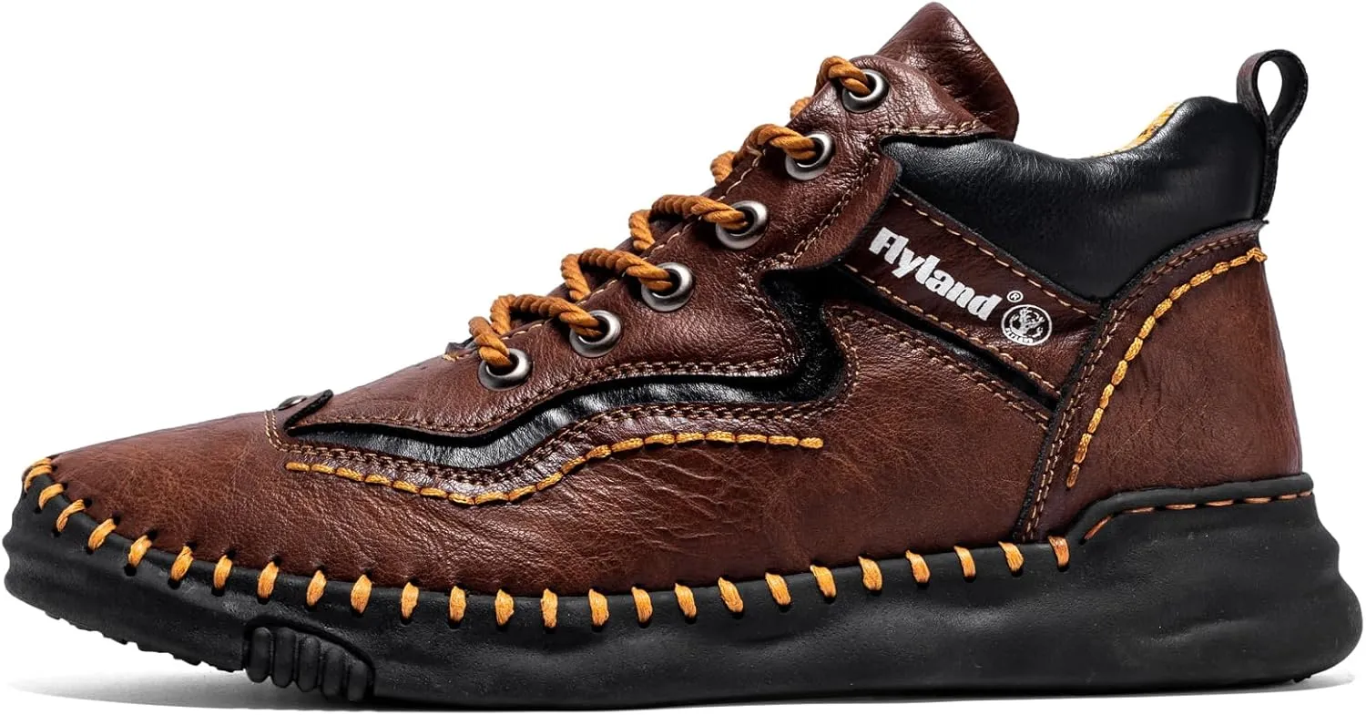 FLYLAND Mens Casual Leather Shoes Ankle Chukka Boots Handmade Retro British Walking Daily Work Office Sneakers Shoes for Male