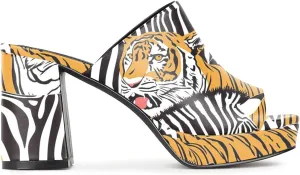FOWT Women Fashionable Printed Pattern Mules High Chunky Heels Mules Platform Square Toe Sandals Slip On Slippers Outdoor Casual Fashion Work Party Dance Shoes Size 4-16 US
