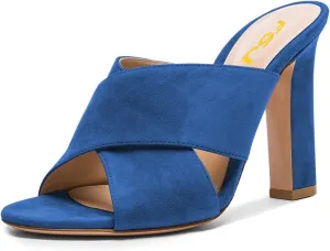FSJ Women Chic Open Toe Platform Chunky High Heel Mules Sandals Crossover Strap Slide Shoes Size 4-15 US