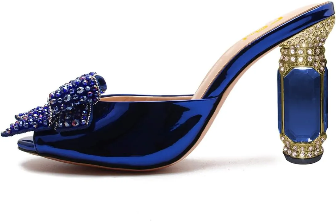 FSJ Women Luxury Crystal Chunky Heeled Mules Rhinestone Bow Peep Toe Slip On Backless Gem Slide Sandals Summer Slipper Shoes Size 4-15 US