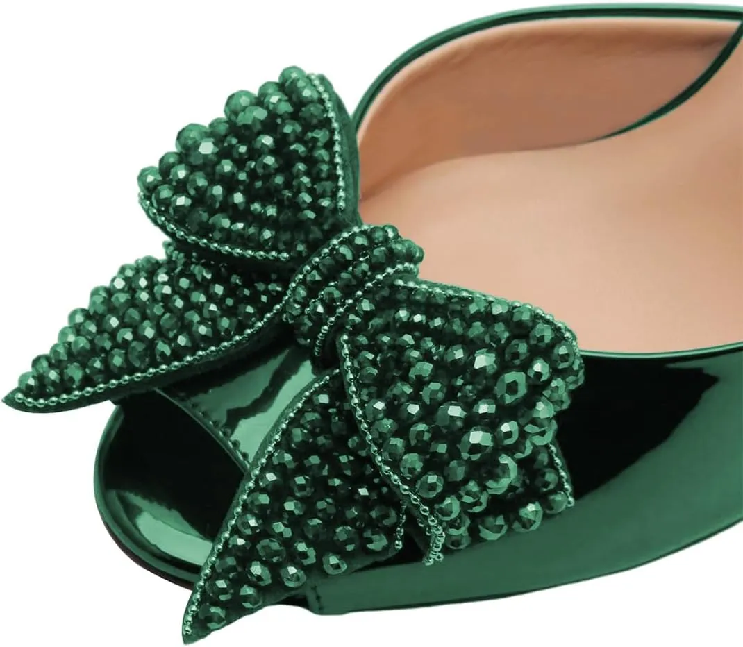 FSJ Women Luxury Crystal Chunky Heeled Mules Rhinestone Bow Peep Toe Slip On Backless Gem Slide Sandals Summer Slipper Shoes Size 4-15 US