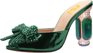 FSJ Women Luxury Crystal Chunky Heeled Mules Rhinestone Bow Peep Toe Slip On Backless Gem Slide Sandals Summer Slipper Shoes Size 4-15 US