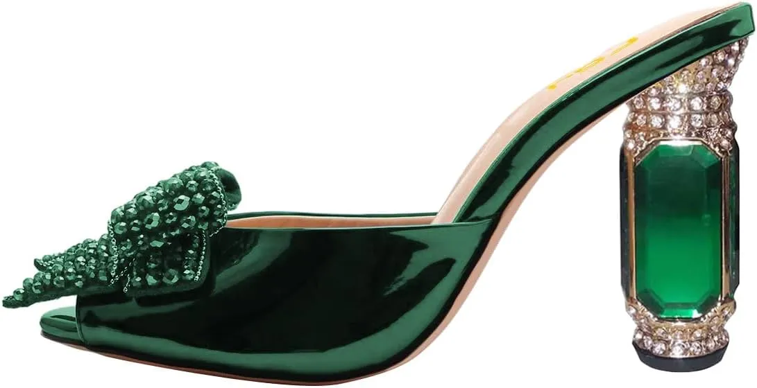 FSJ Women Luxury Crystal Chunky Heeled Mules Rhinestone Bow Peep Toe Slip On Backless Gem Slide Sandals Summer Slipper Shoes Size 4-15 US