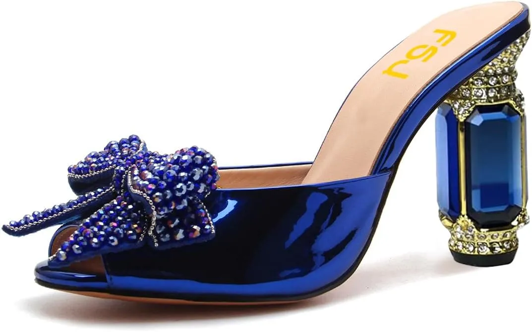 FSJ Women Luxury Crystal Chunky Heeled Mules Rhinestone Bow Peep Toe Slip On Backless Gem Slide Sandals Summer Slipper Shoes Size 4-15 US