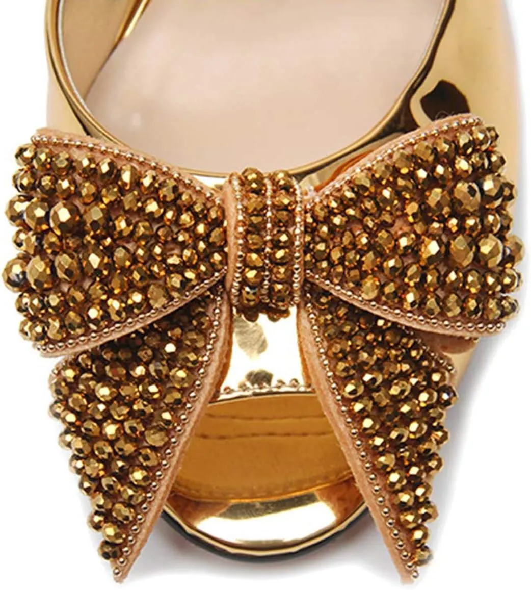 FSJ Women Luxury Crystal Chunky Heeled Mules Rhinestone Bow Peep Toe Slip On Backless Gem Slide Sandals Summer Slipper Shoes Size 4-15 US