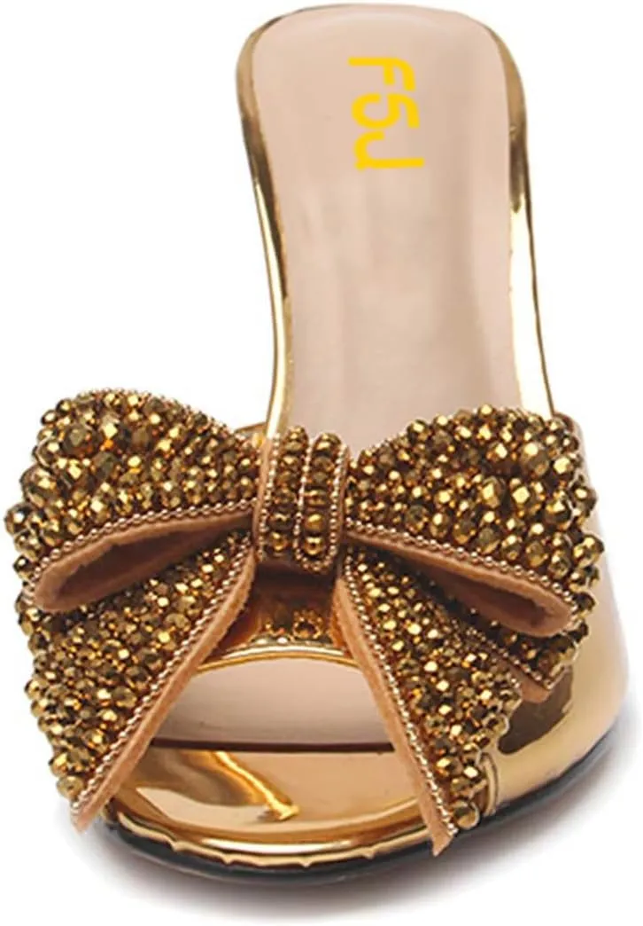 FSJ Women Luxury Crystal Chunky Heeled Mules Rhinestone Bow Peep Toe Slip On Backless Gem Slide Sandals Summer Slipper Shoes Size 4-15 US