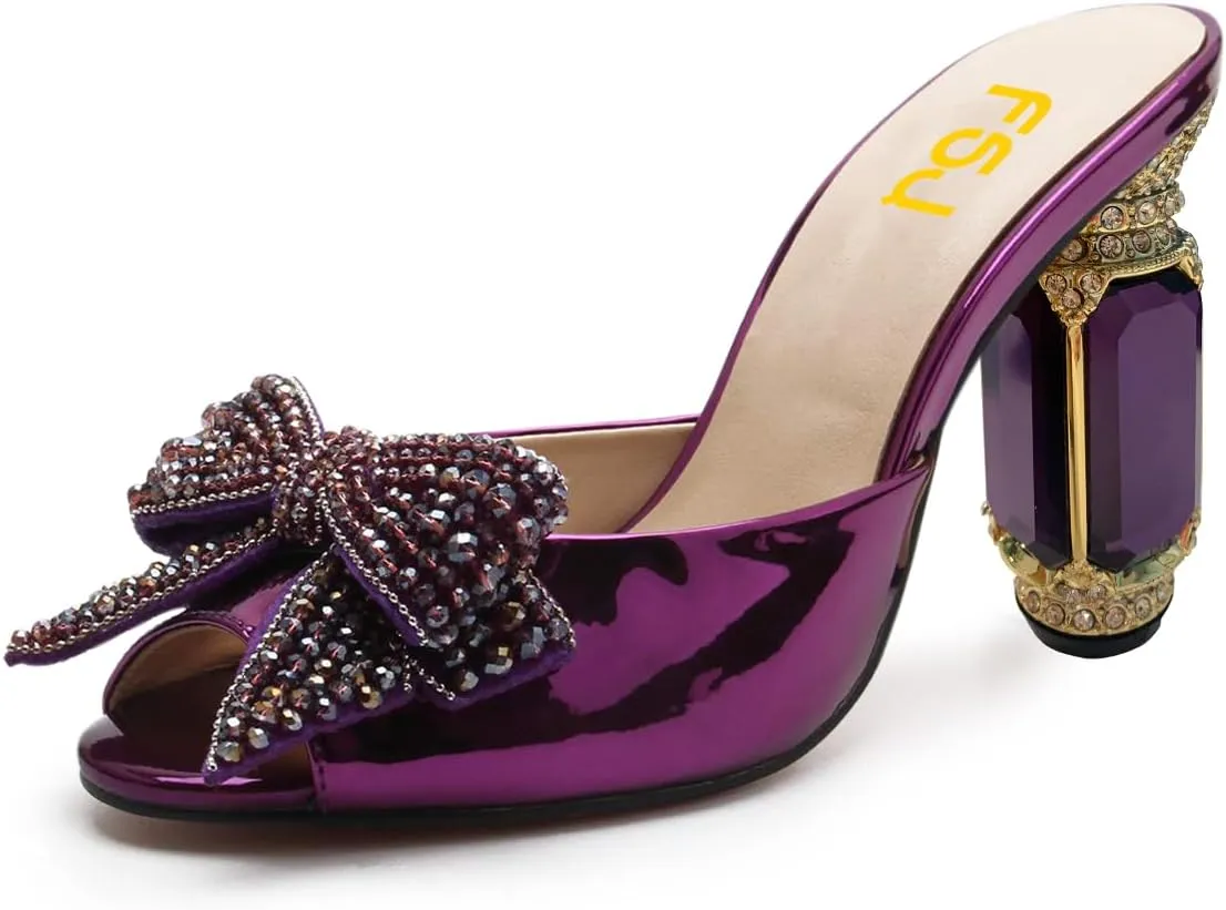 FSJ Women Luxury Crystal Chunky Heeled Mules Rhinestone Bow Peep Toe Slip On Backless Gem Slide Sandals Summer Slipper Shoes Size 4-15 US