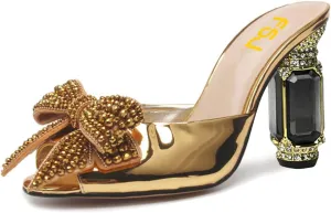 FSJ Women Luxury Crystal Chunky Heeled Mules Rhinestone Bow Peep Toe Slip On Backless Gem Slide Sandals Summer Slipper Shoes Size 4-15 US