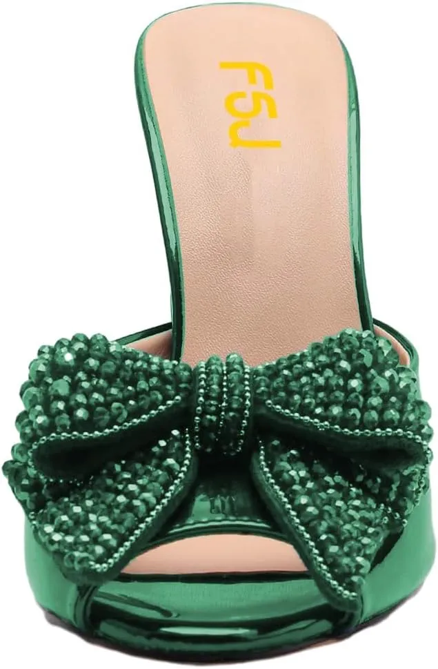FSJ Women Luxury Crystal Chunky Heeled Mules Rhinestone Bow Peep Toe Slip On Backless Gem Slide Sandals Summer Slipper Shoes Size 4-15 US