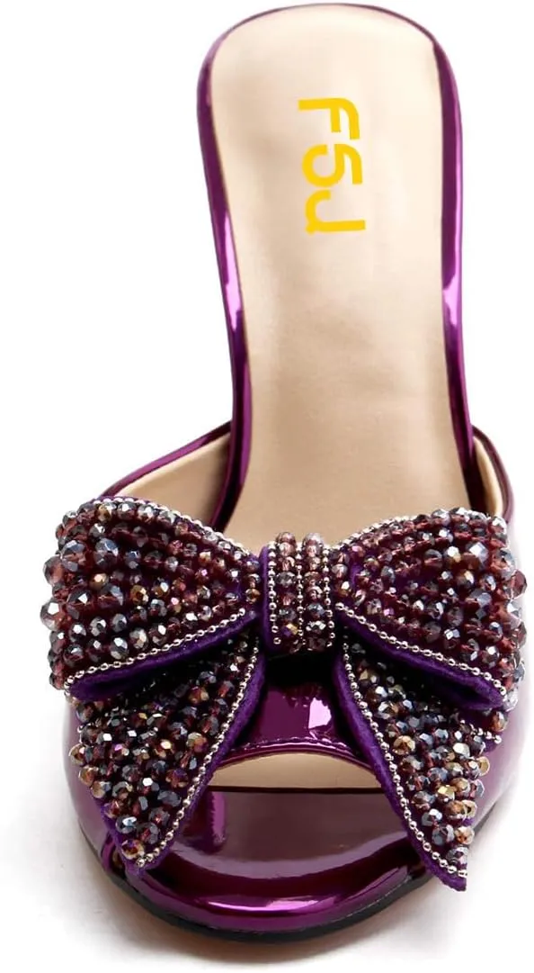 FSJ Women Luxury Crystal Chunky Heeled Mules Rhinestone Bow Peep Toe Slip On Backless Gem Slide Sandals Summer Slipper Shoes Size 4-15 US