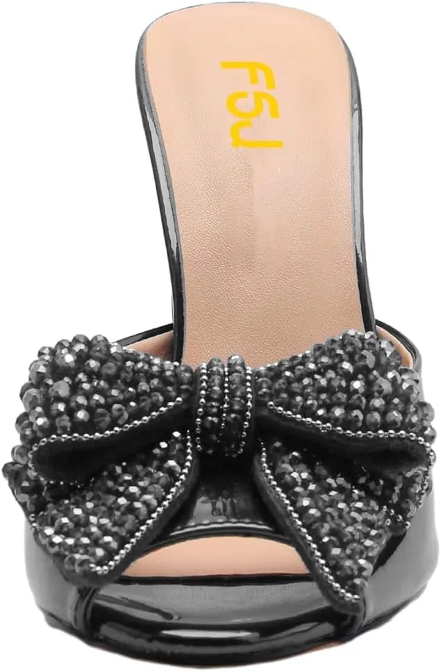 FSJ Women Luxury Crystal Chunky Heeled Mules Rhinestone Bow Peep Toe Slip On Backless Gem Slide Sandals Summer Slipper Shoes Size 4-15 US