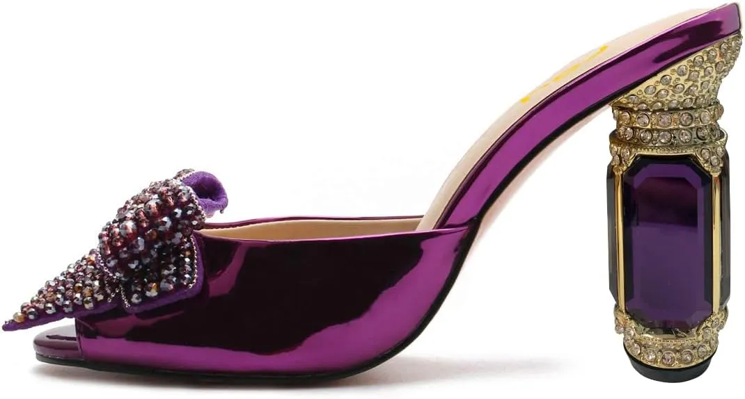 FSJ Women Luxury Crystal Chunky Heeled Mules Rhinestone Bow Peep Toe Slip On Backless Gem Slide Sandals Summer Slipper Shoes Size 4-15 US