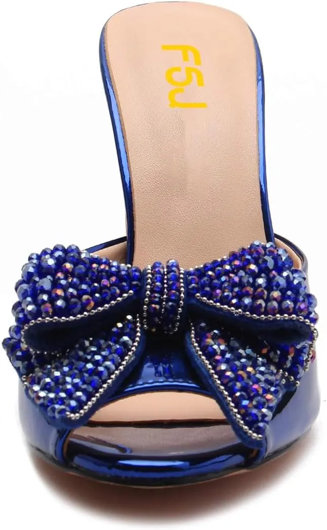 FSJ Women Luxury Crystal Chunky Heeled Mules Rhinestone Bow Peep Toe Slip On Backless Gem Slide Sandals Summer Slipper Shoes Size 4-15 US