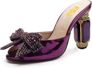 FSJ Women Luxury Crystal Chunky Heeled Mules Rhinestone Bow Peep Toe Slip On Backless Gem Slide Sandals Summer Slipper Shoes Size 4-15 US