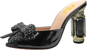 FSJ Women Luxury Crystal Chunky Heeled Mules Rhinestone Bow Peep Toe Slip On Backless Gem Slide Sandals Summer Slipper Shoes Size 4-15 US