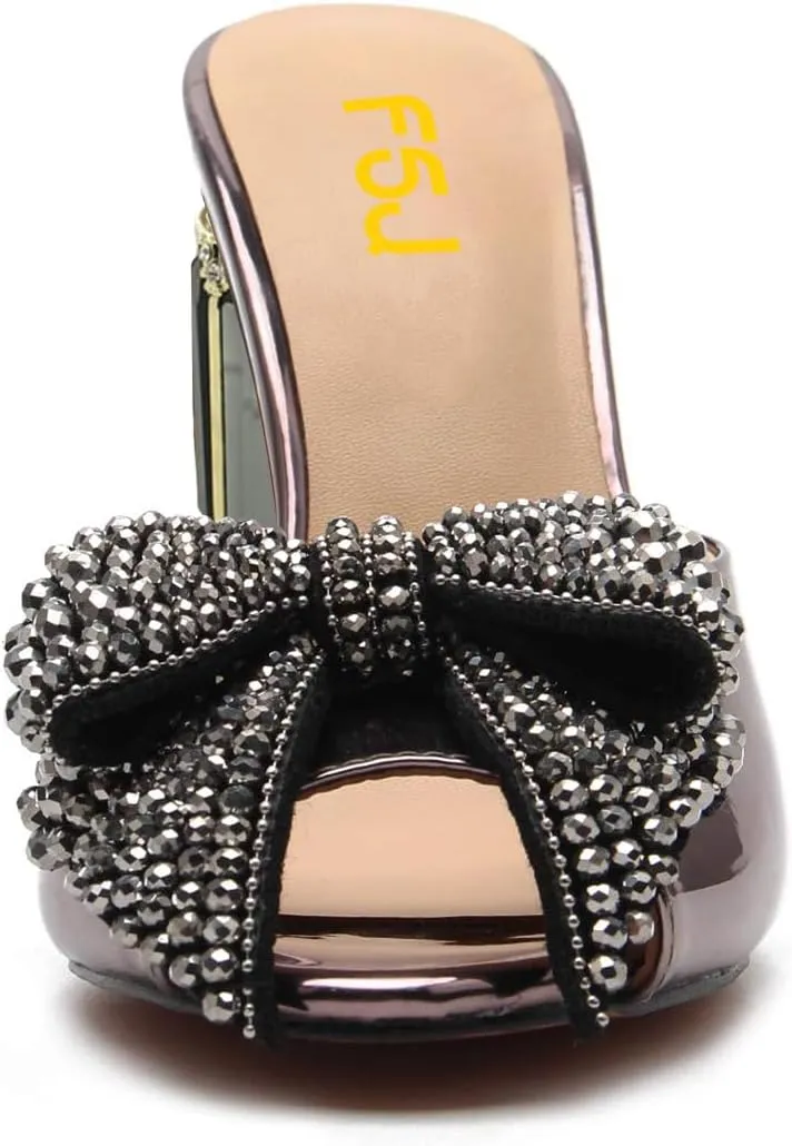 FSJ Women Luxury Crystal Chunky Heeled Mules Rhinestone Bow Peep Toe Slip On Backless Gem Slide Sandals Summer Slipper Shoes Size 4-15 US