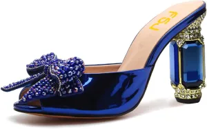 FSJ Women Luxury Crystal Chunky Heeled Mules Rhinestone Bow Peep Toe Slip On Backless Gem Slide Sandals Summer Slipper Shoes Size 4-15 US
