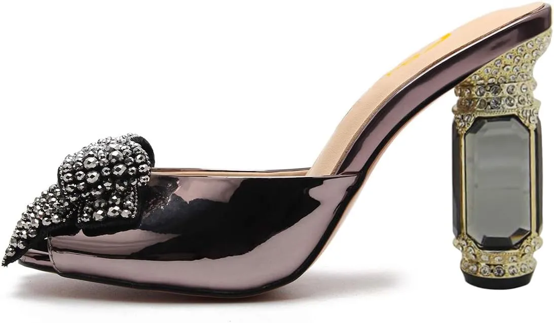 FSJ Women Luxury Crystal Chunky Heeled Mules Rhinestone Bow Peep Toe Slip On Backless Gem Slide Sandals Summer Slipper Shoes Size 4-15 US