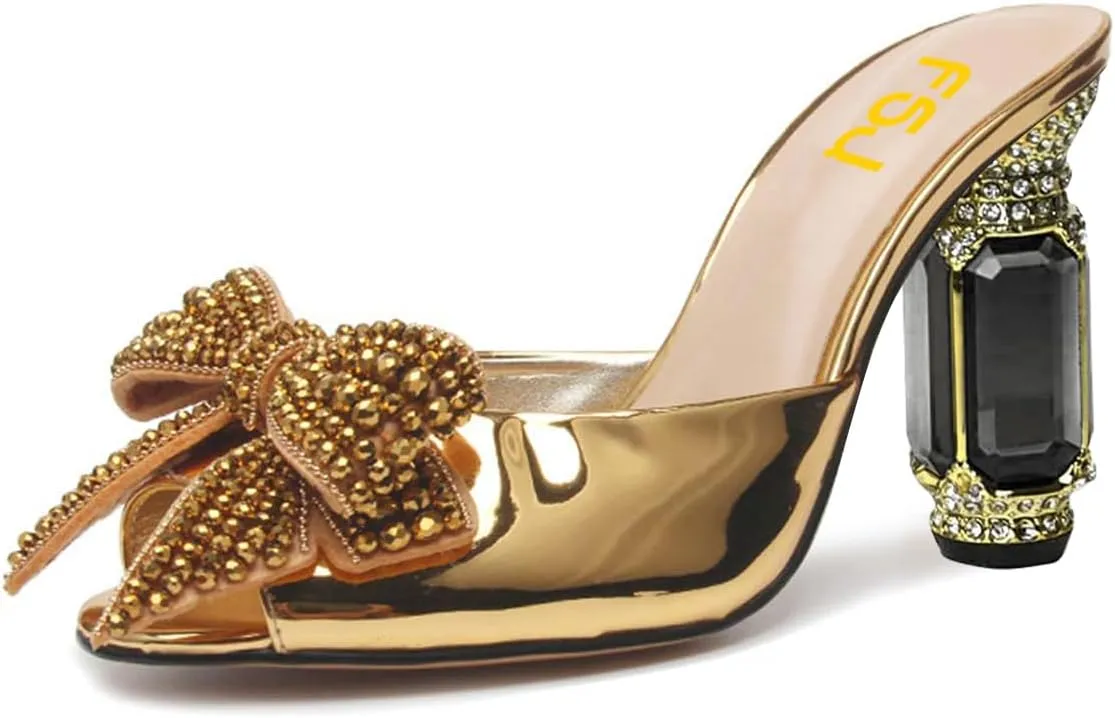 FSJ Women Luxury Crystal Chunky Heeled Mules Rhinestone Bow Peep Toe Slip On Backless Gem Slide Sandals Summer Slipper Shoes Size 4-15 US