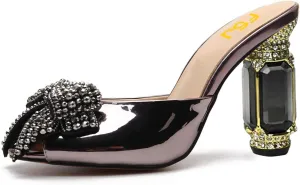 FSJ Women Luxury Crystal Chunky Heeled Mules Rhinestone Bow Peep Toe Slip On Backless Gem Slide Sandals Summer Slipper Shoes Size 4-15 US