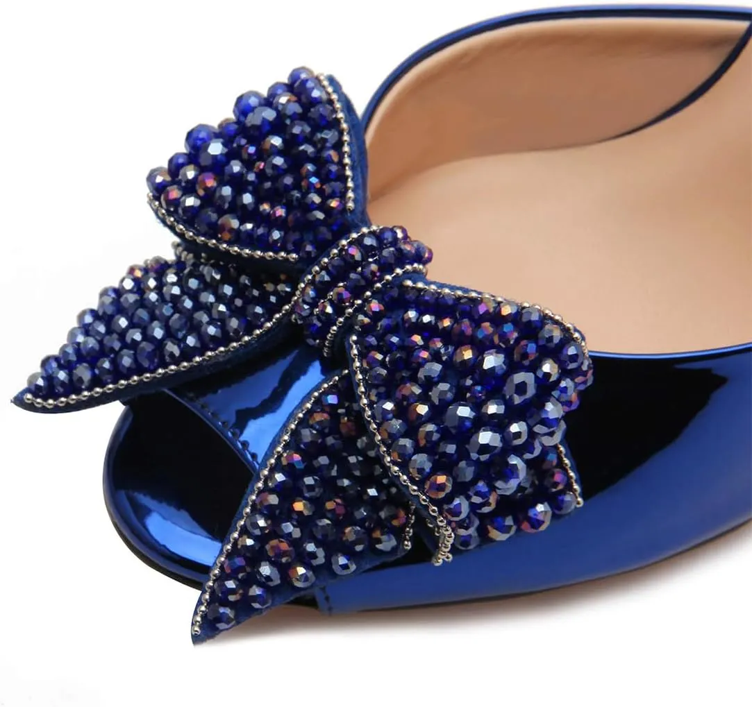 FSJ Women Luxury Crystal Chunky Heeled Mules Rhinestone Bow Peep Toe Slip On Backless Gem Slide Sandals Summer Slipper Shoes Size 4-15 US