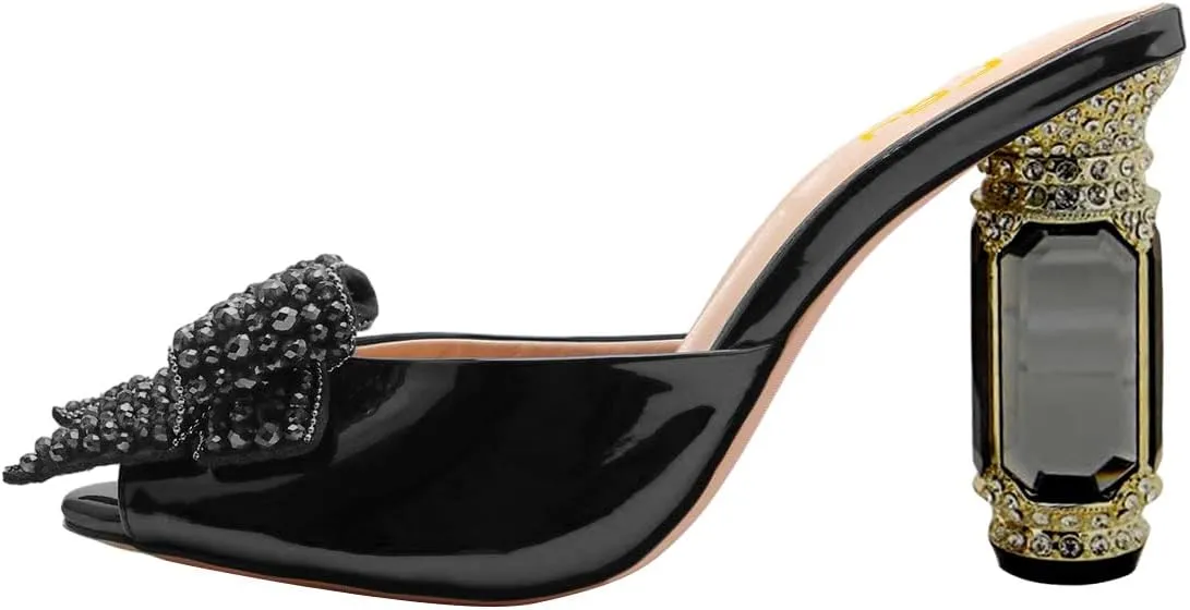 FSJ Women Luxury Crystal Chunky Heeled Mules Rhinestone Bow Peep Toe Slip On Backless Gem Slide Sandals Summer Slipper Shoes Size 4-15 US