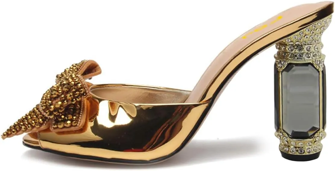 FSJ Women Luxury Crystal Chunky Heeled Mules Rhinestone Bow Peep Toe Slip On Backless Gem Slide Sandals Summer Slipper Shoes Size 4-15 US