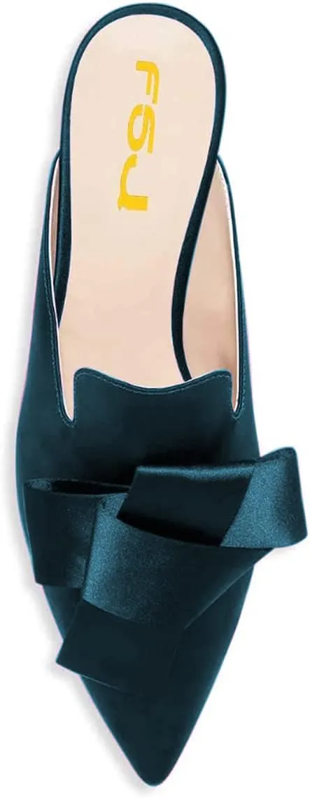 FSJ Women Retro Crystal Rhinestone Heeled Mules Pointed Toe Bows Slide Sandals Backless Emerald Bridal Wedding Dress Shoes Size 4-15 US