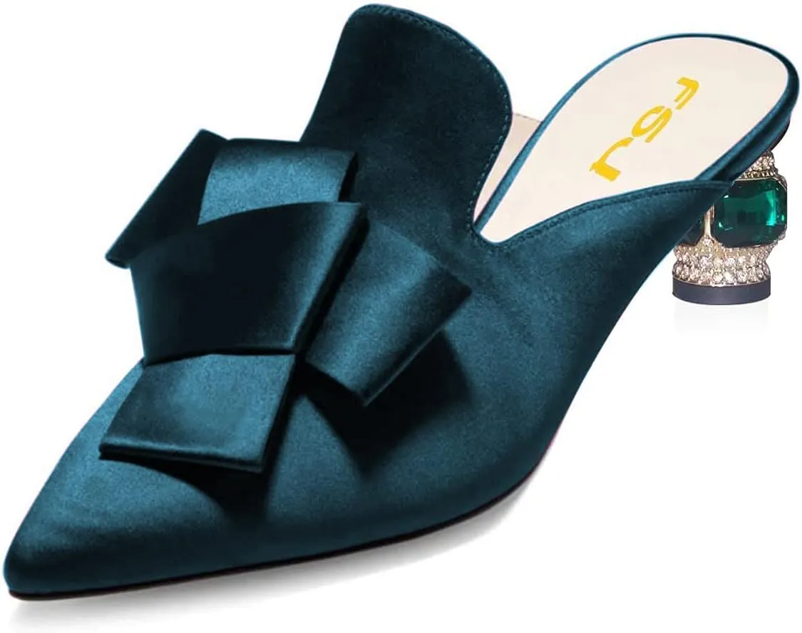FSJ Women Retro Crystal Rhinestone Heeled Mules Pointed Toe Bows Slide Sandals Backless Emerald Bridal Wedding Dress Shoes Size 4-15 US