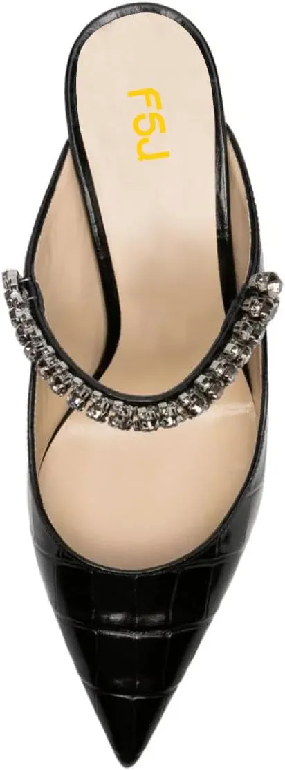 FSJ Women Rhinestone Cone Low Heel Mules Closed Pointed Toe One Strap Sandals Slip On Backless Bridal Summer Shoes Size 4-15 US