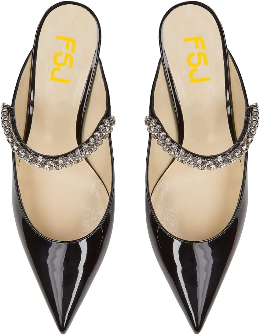 FSJ Women Rhinestone Cone Low Heel Mules Closed Pointed Toe One Strap Sandals Slip On Backless Bridal Summer Shoes Size 4-15 US