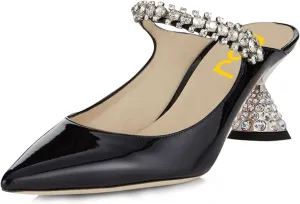 FSJ Women Rhinestone Cone Low Heel Mules Closed Pointed Toe One Strap Sandals Slip On Backless Bridal Summer Shoes Size 4-15 US