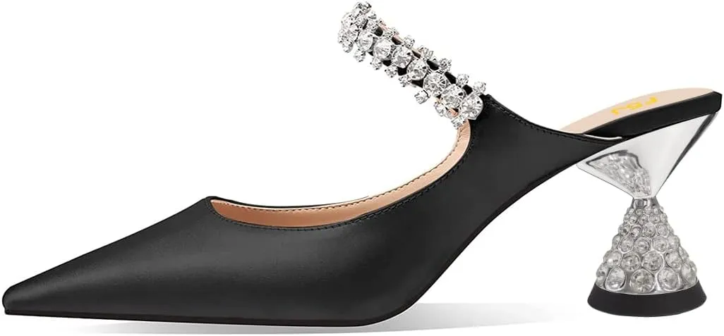 FSJ Women Rhinestone Cone Low Heel Mules Closed Pointed Toe One Strap Sandals Slip On Backless Bridal Summer Shoes Size 4-15 US