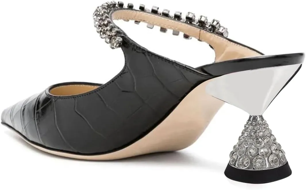 FSJ Women Rhinestone Cone Low Heel Mules Closed Pointed Toe One Strap Sandals Slip On Backless Bridal Summer Shoes Size 4-15 US