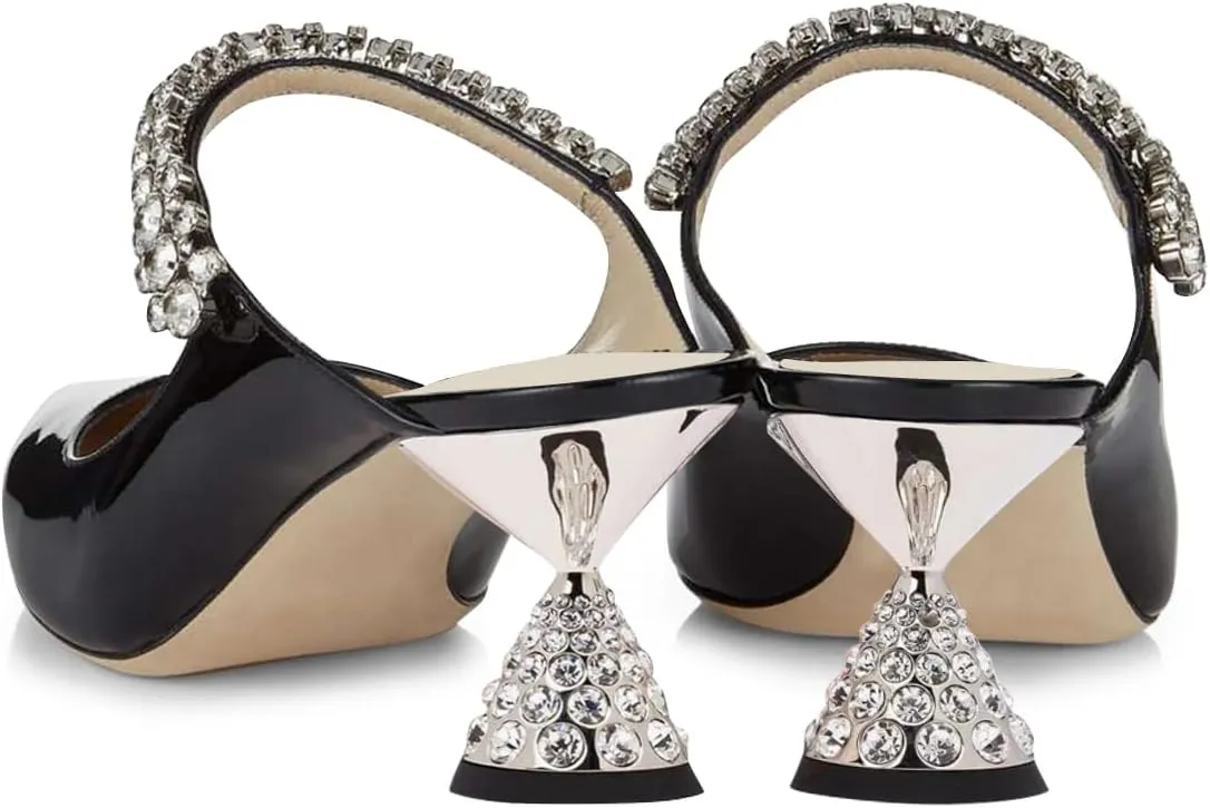 FSJ Women Rhinestone Cone Low Heel Mules Closed Pointed Toe One Strap Sandals Slip On Backless Bridal Summer Shoes Size 4-15 US